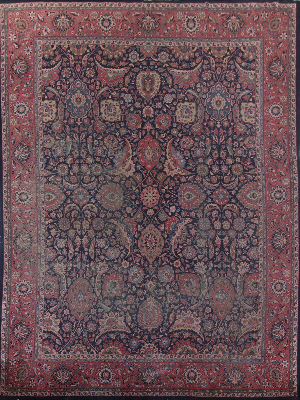 Pre-1900 Navy Blue Vegetable Dye Tebriz Antique Rug 10x15 Handmade Large Carpet