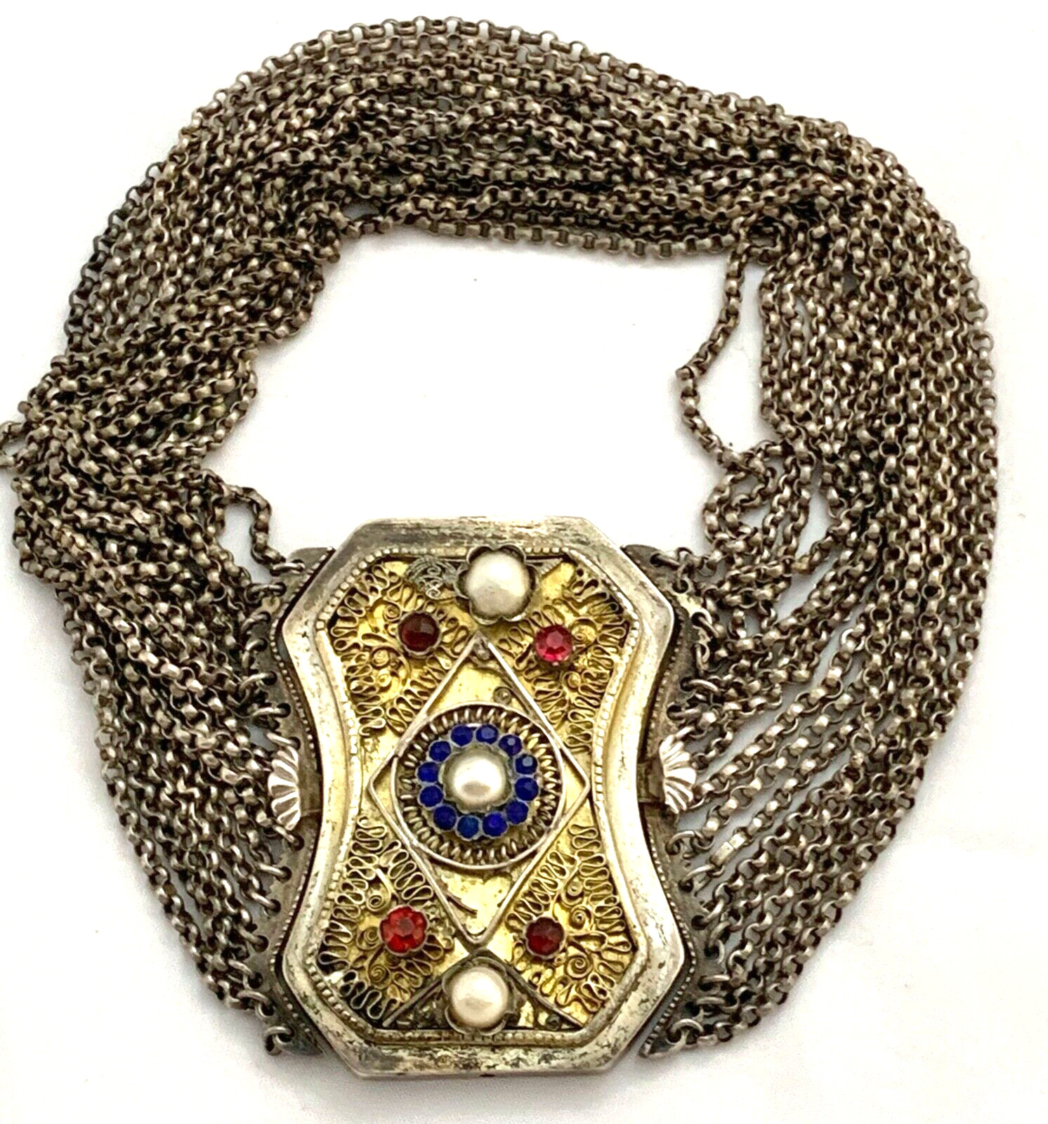 Antique Austro Hungarian CHOKER Necklace 800 Silver w Gilt Kropfkette 16 Chains