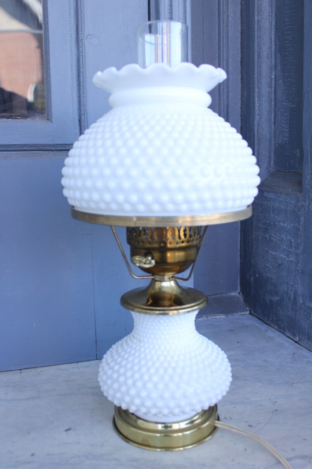 Vtg. Fenton Hobnail Milk Glass Hurricane Lamp 3-way Beautiful