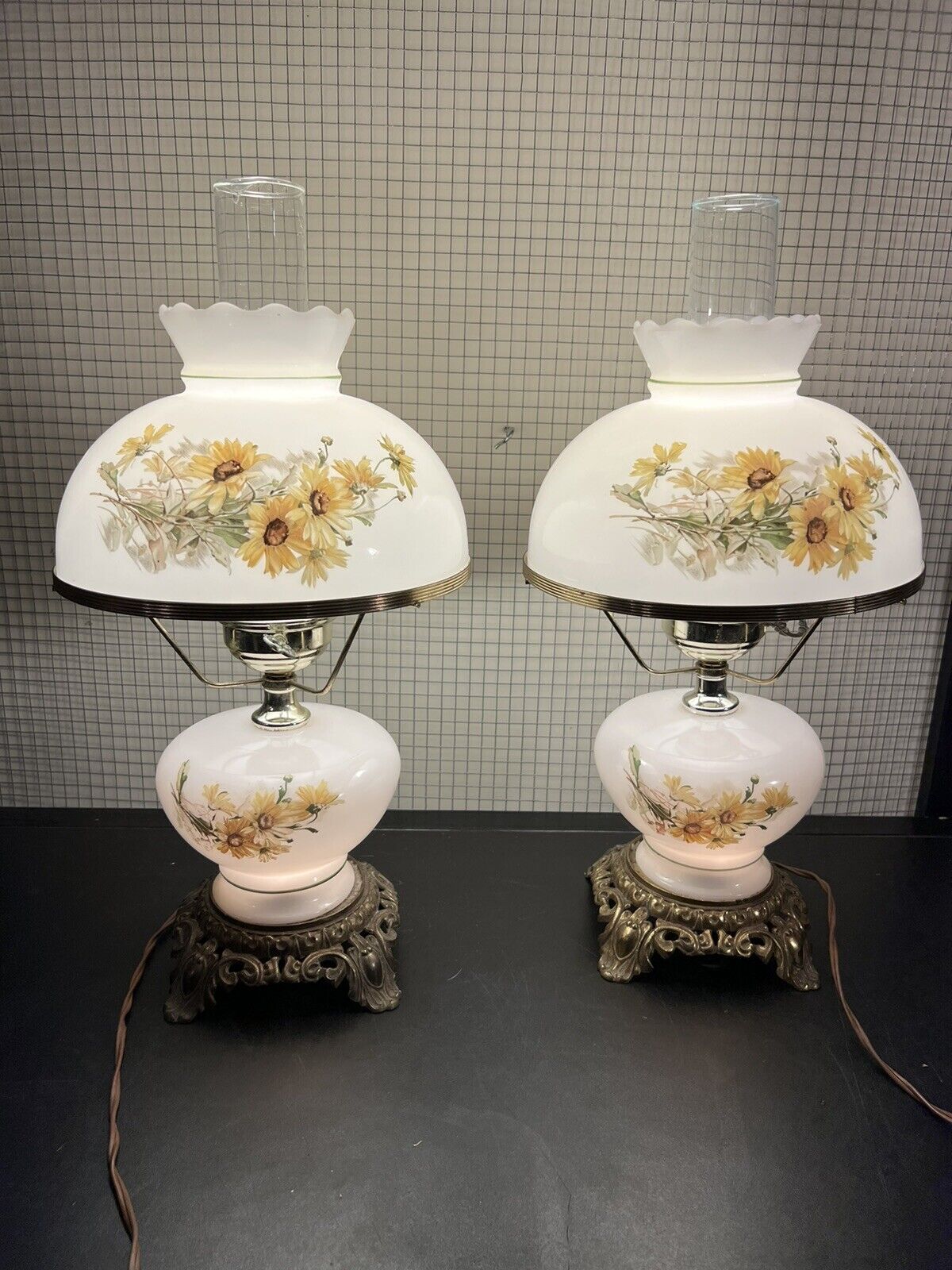 Vintage Pair Of Double Globe Hurricane Lamps 3 Way Floral Milk Glass Shade Works