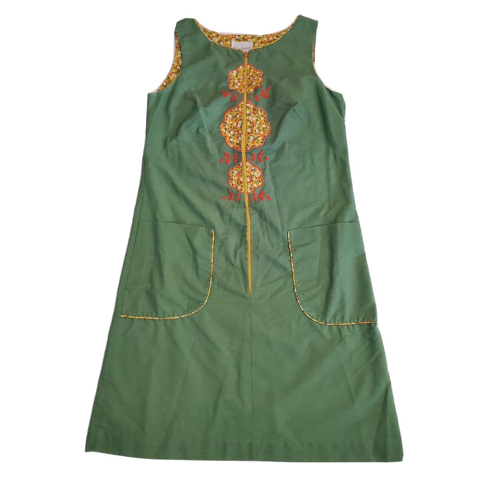 Vintage 60s Small Lisa Smock Lisanne Green Embroidered Flowers Day Dress
