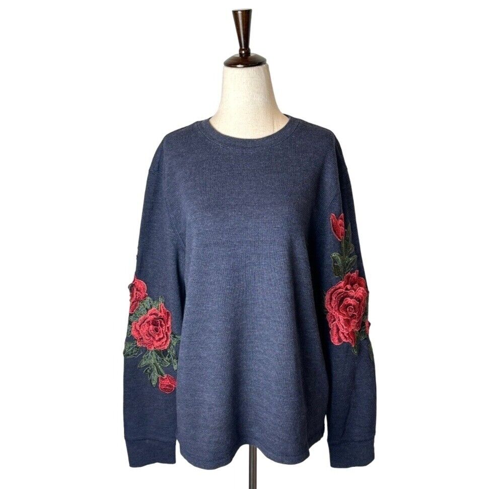 Furst Of A Kind Shirt Women Large Blue Thermal Knit Rose Embroidered Top