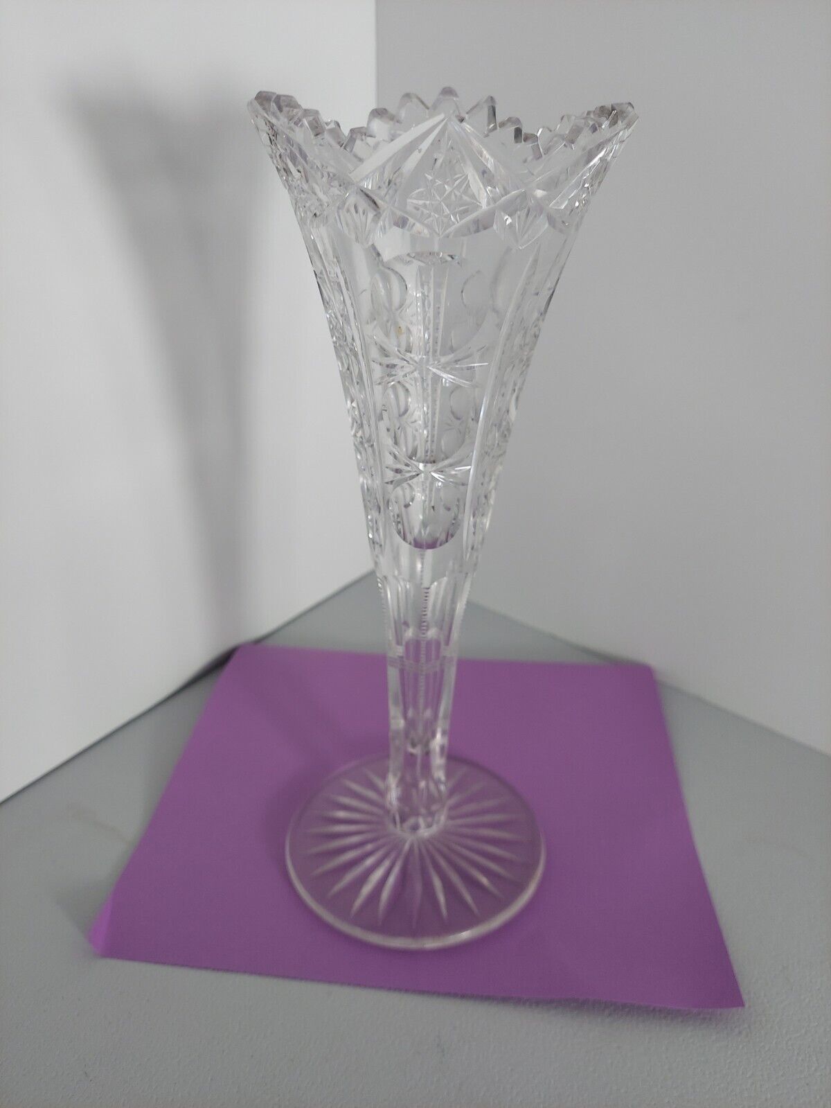 Fluted Crystal Cut Vase American Brilliant Period Tulip Saw Tooth Rim 10\'\'Tall