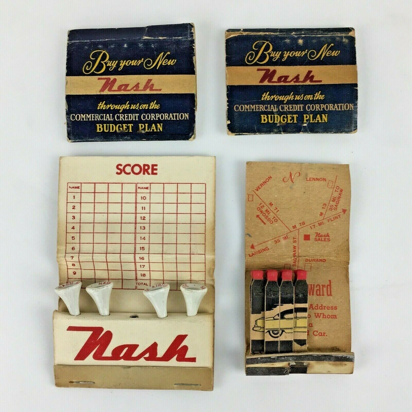 NASH Car Matchbook Covers Golf Tees Lot 4 Printed Stems Advertising Vintage Auto