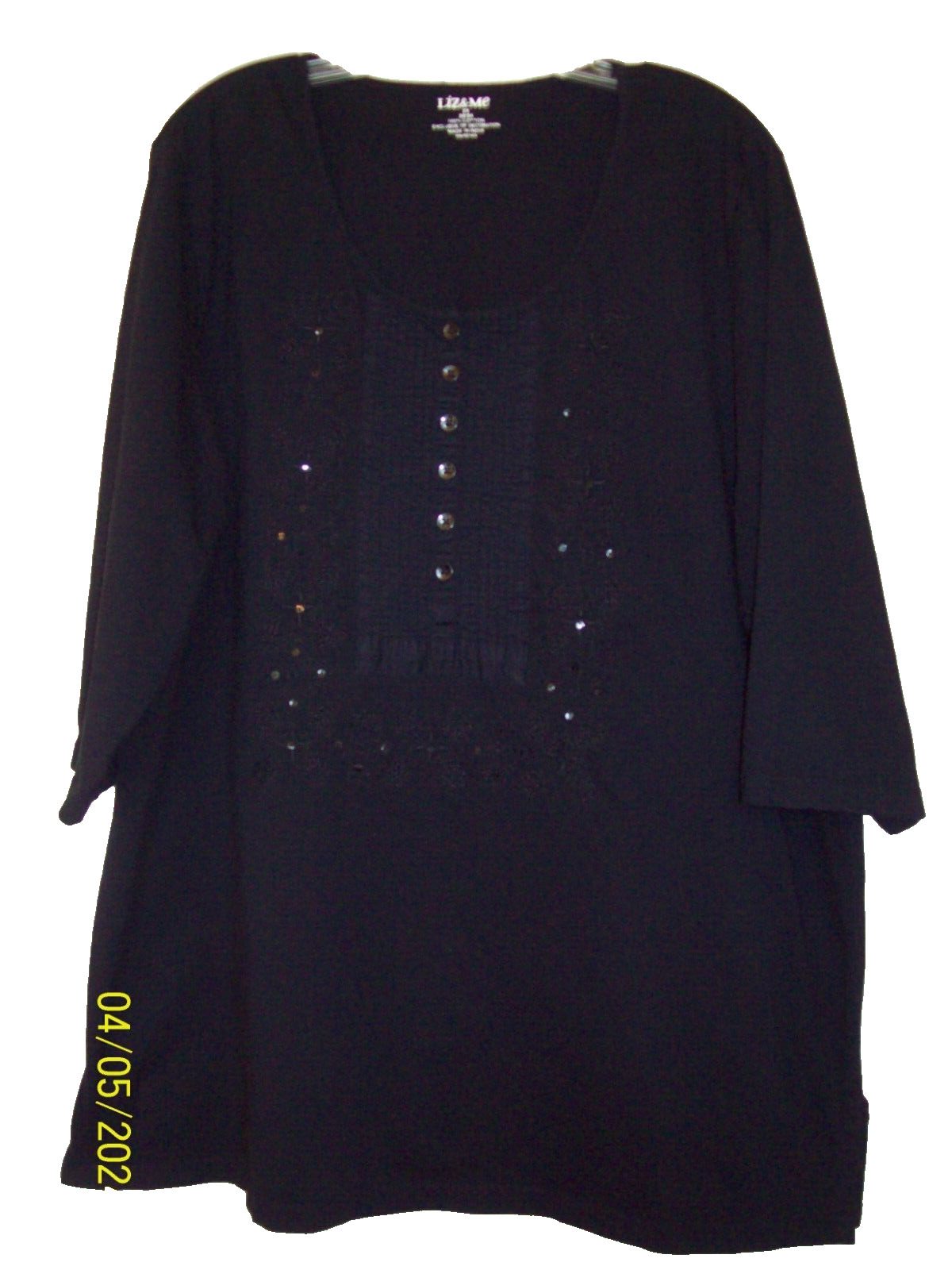 2X 22/24 Liz & Me Black 100% Cotton Top 3/4 Sleeve Sequins & Embroidery Bust 52\