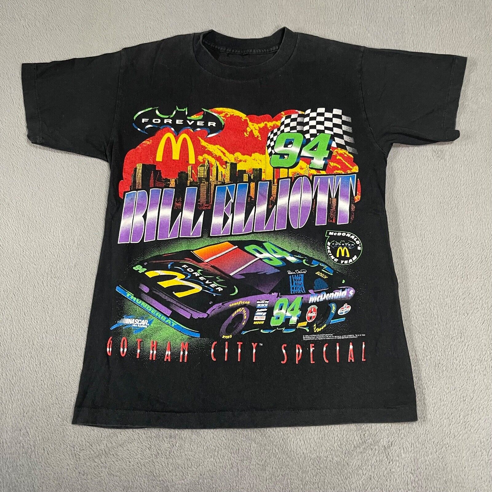 Bill Elliot Batman Forever Gotham McDonalds AOP Vtg NASCAR Single Stitch T Shirt