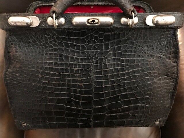 Doctor\'s Bag Large Antique Black Alligator Red Leather Interior