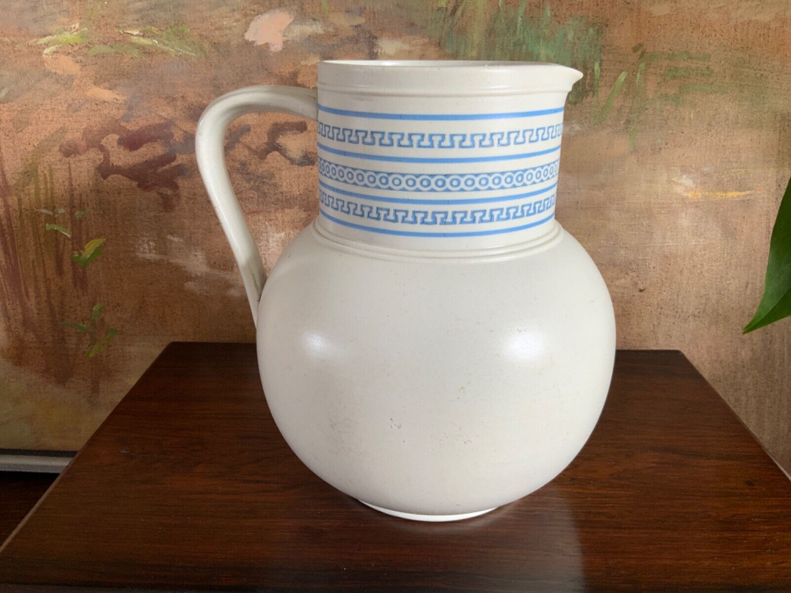 Antique Blue & Off White English Pottery Pitcher C early 1900s