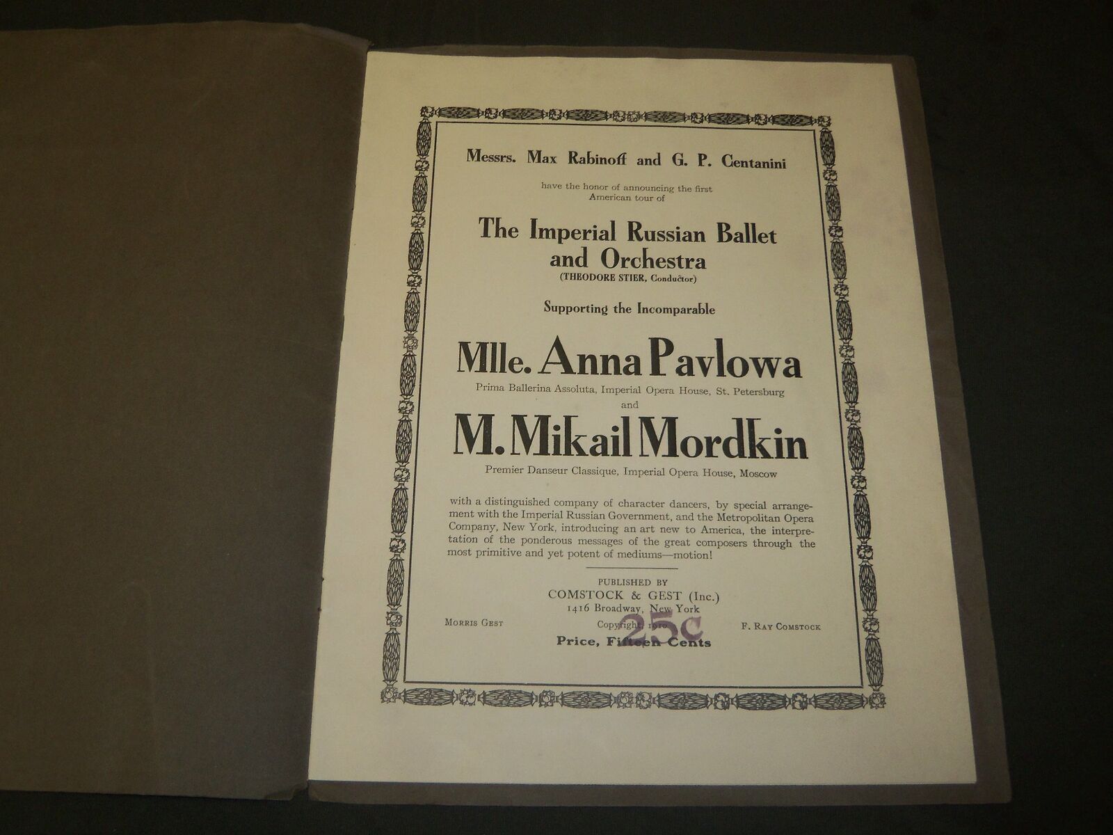 1910 ANNA PAVLOWA - MIKAIL MORDKIN FIRST AMERICAN TOUR PROGRAM - J 5153
