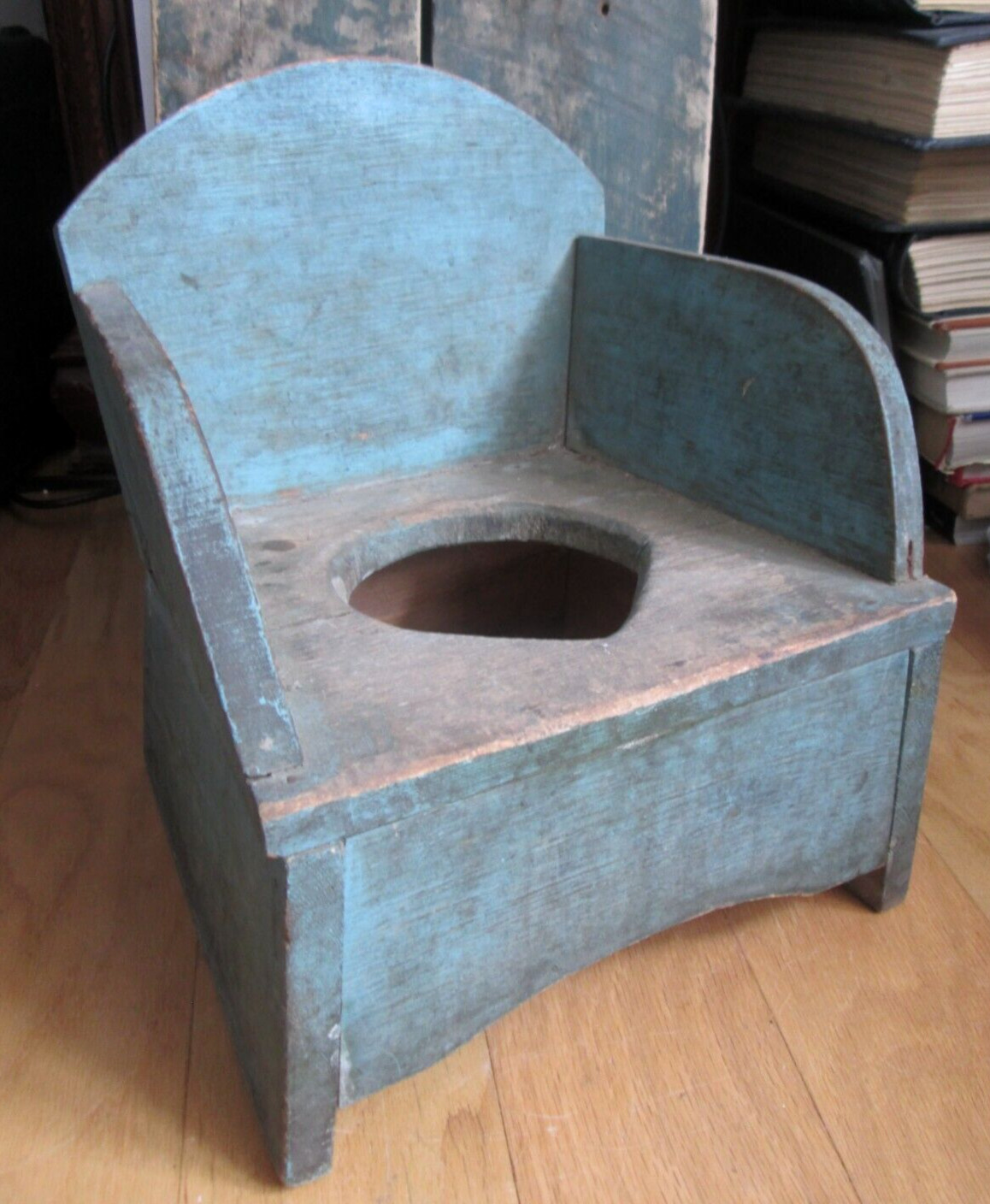 ANTIQUE 19th Century 1800s Folk Art Primitive CHILDS Doll BLUE PAINT Potty Chair