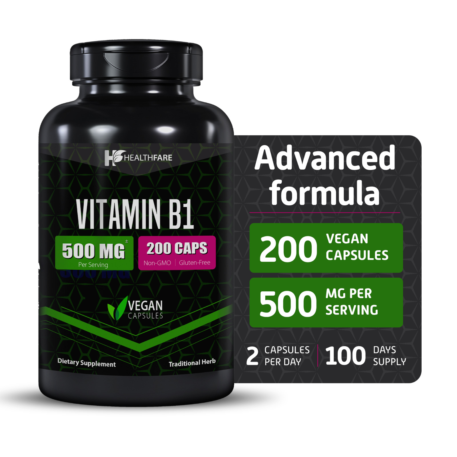 Healthfare Vitamin B1 500mg 200 Vegan Capsule Thiamine Supplement Overall Health