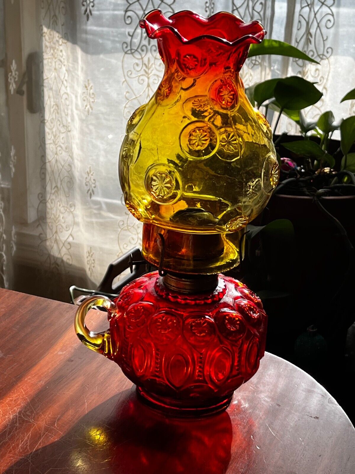 Vintage L.E. Smith Glass Amberina Red Moon Stars Hurricane Oil Lamp Finger Loop
