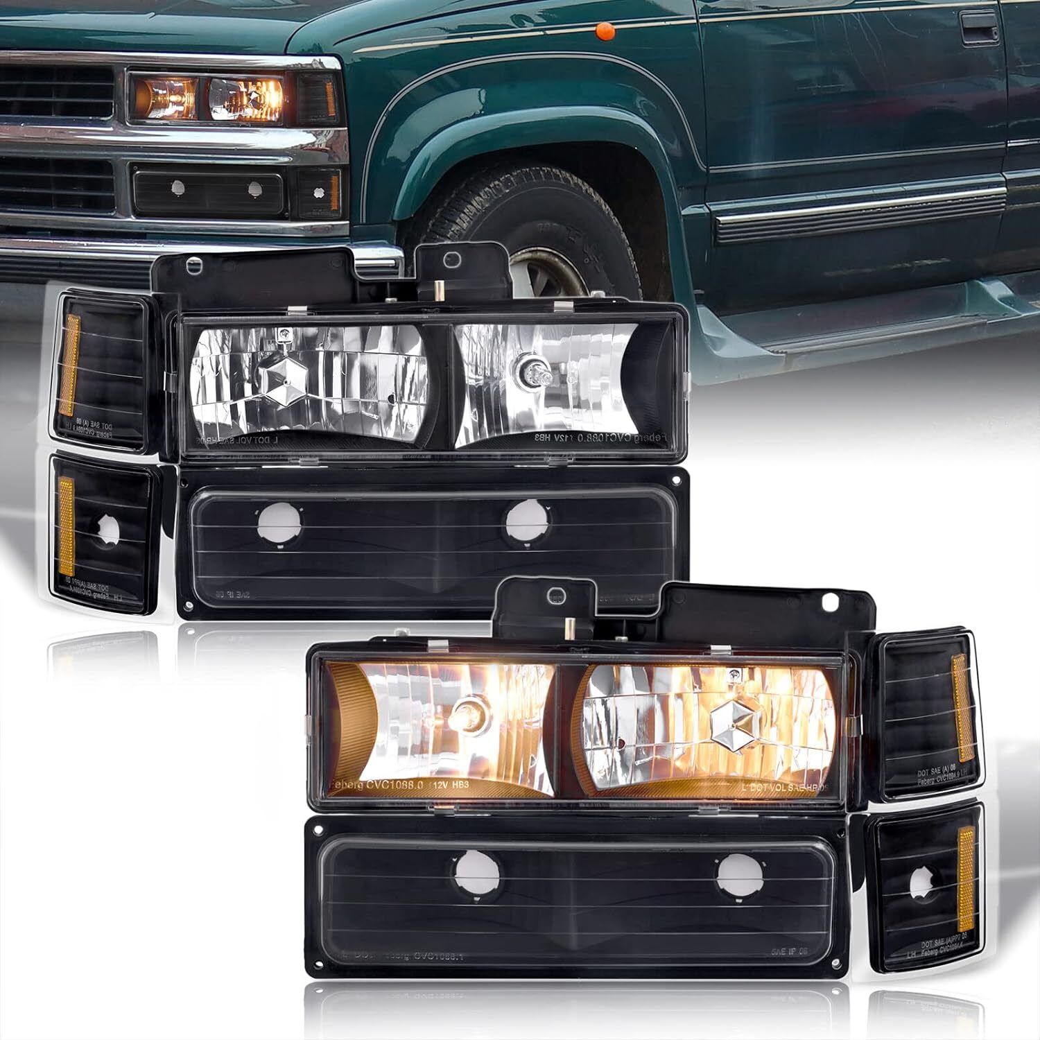 Headlights w/Bumper Corner Signal Lamps for 1994-1998 GMC C/K Sierra Suburban