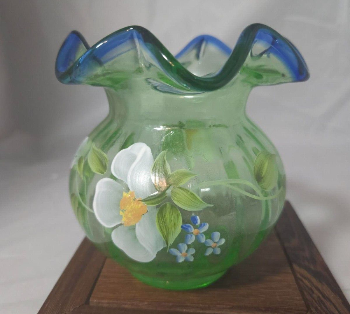 Vintage Fenton Light Green Rose Bowl with Blue Scalloped Edge - signed