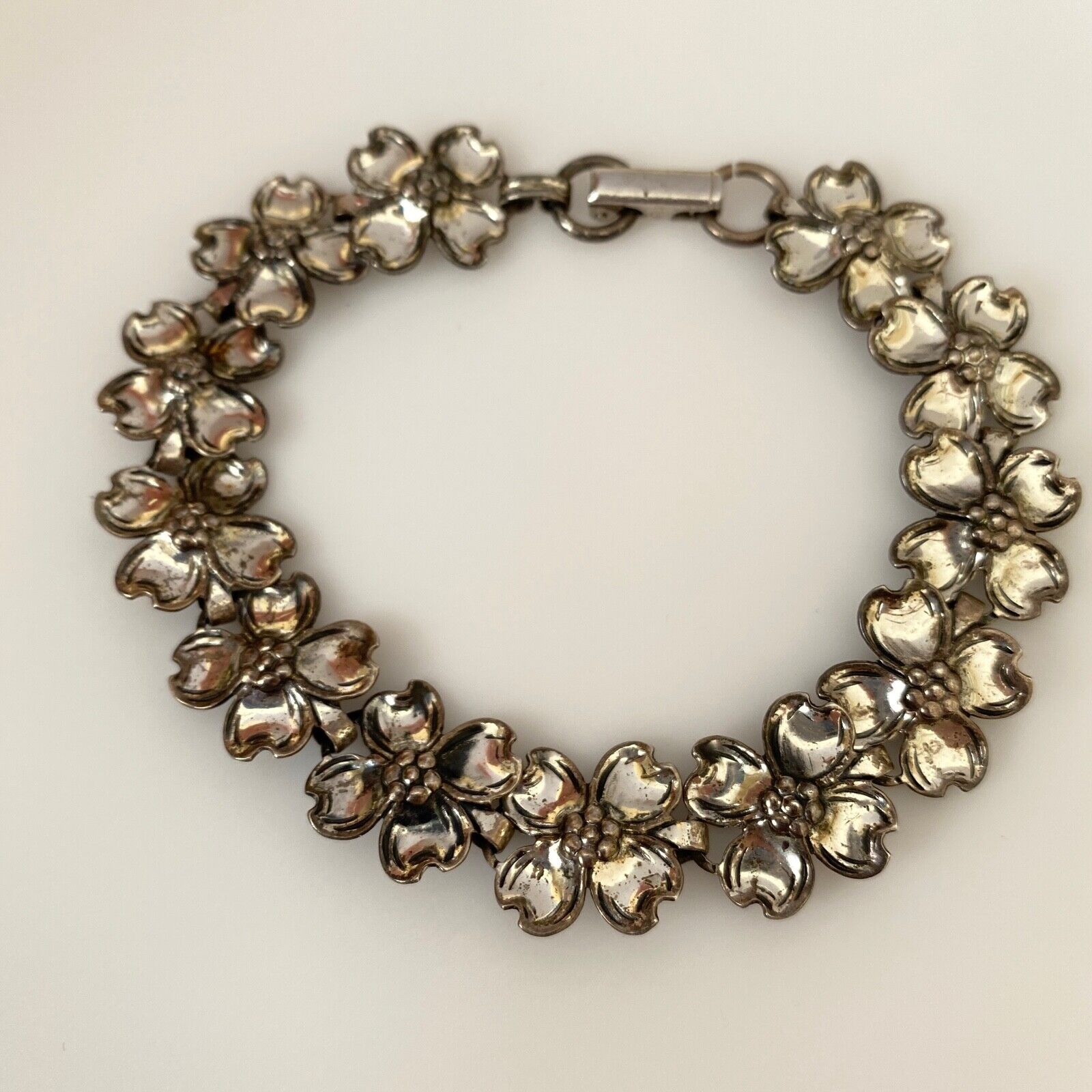 Vintage Beau 925 Sterling Silver Flower Chain Link Bracelet 7 3/8\