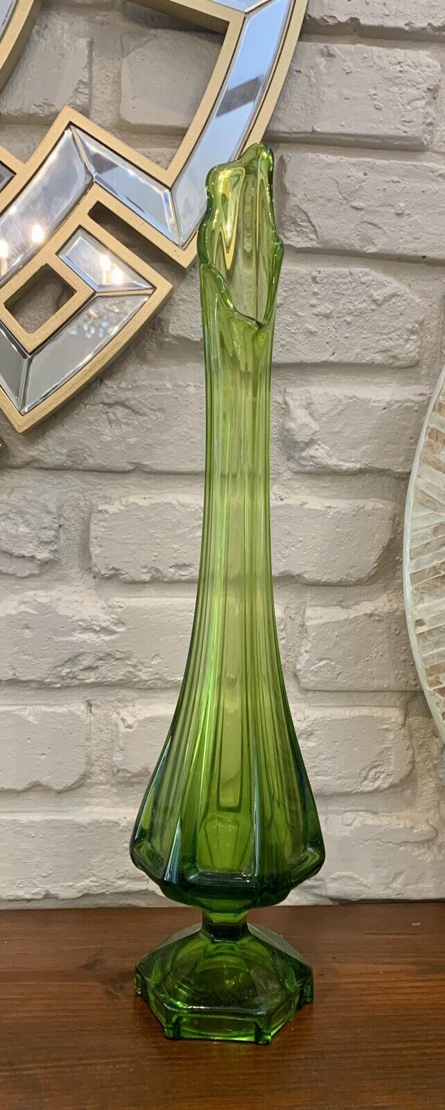 Vintage Viking Glass Ribbed Swung Vase 18” Tall & 5.5” at Base, Avocado Green
