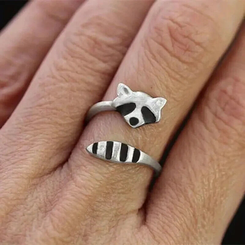 Vintage Raccoon Animal Design Open Ring Silver Plated Hand Jewelry For Women New