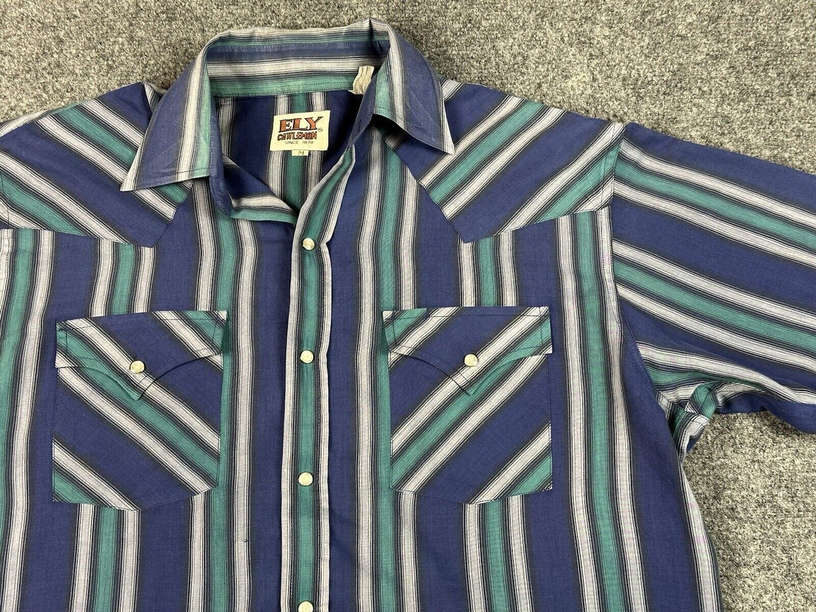Vtg Ely Cattleman Western Pear Snap Shirt Men’s Medium Striped Pockets Blue 