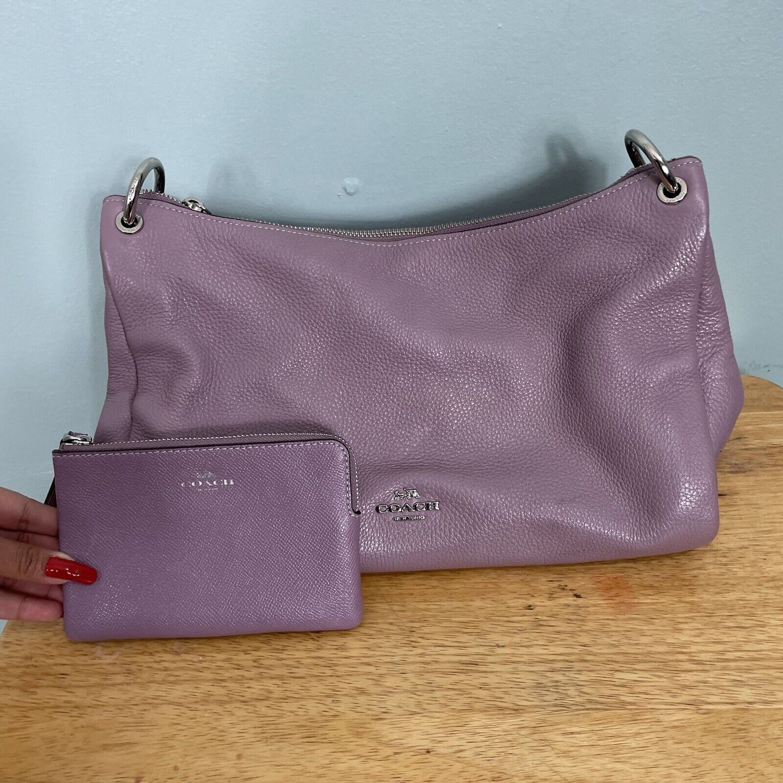 Coach Mia Shoulder Bag Pebble Leather Pastel Purple Wallet Purse SET