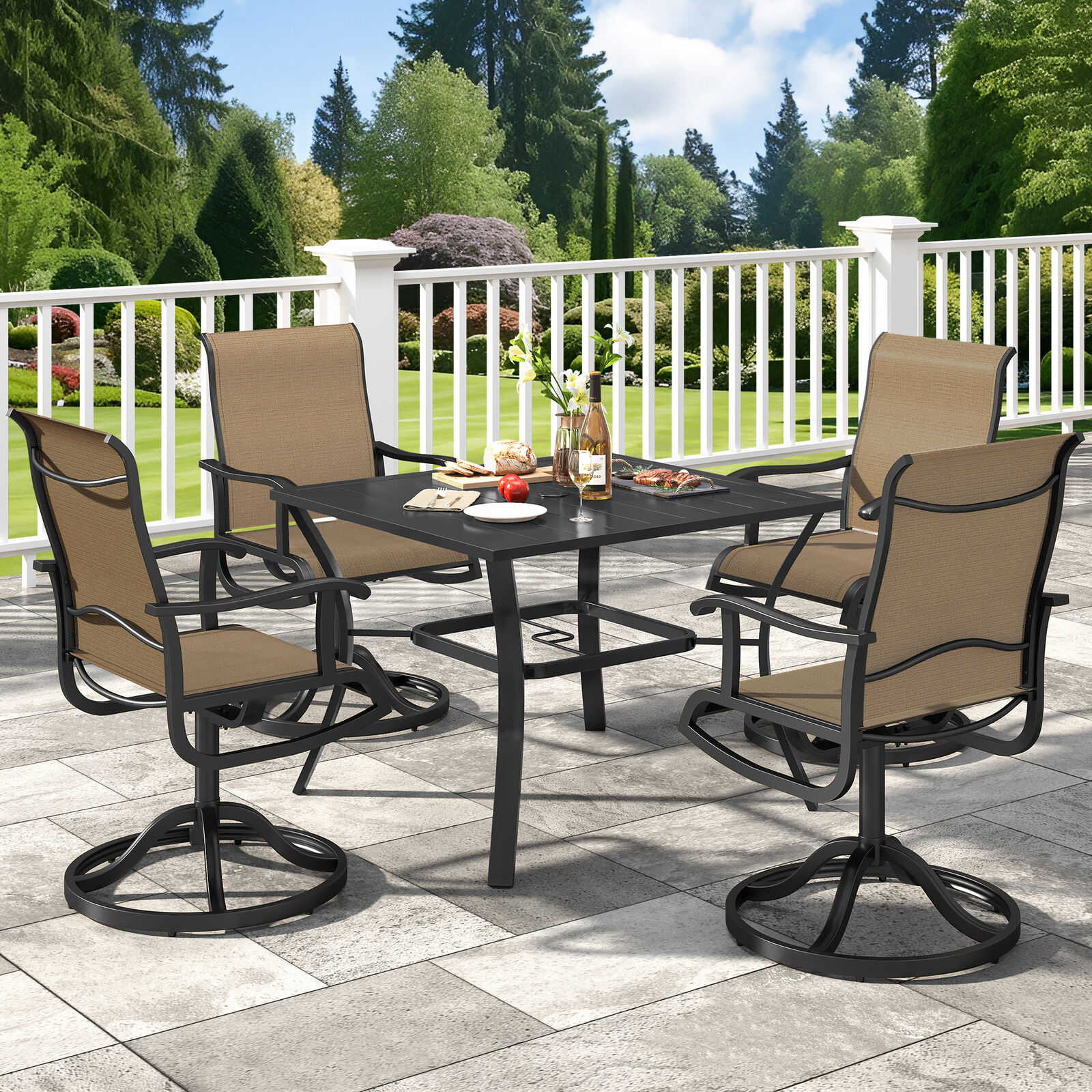 TAUS 5pcs Patio Dining Set Metal Square Table&Swivel Chair Outdoor Furniture Set