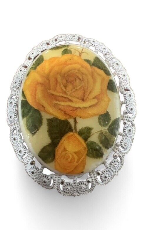 West Germany Vintage Yellow and White Floral Porcelain Filigree Brooch
