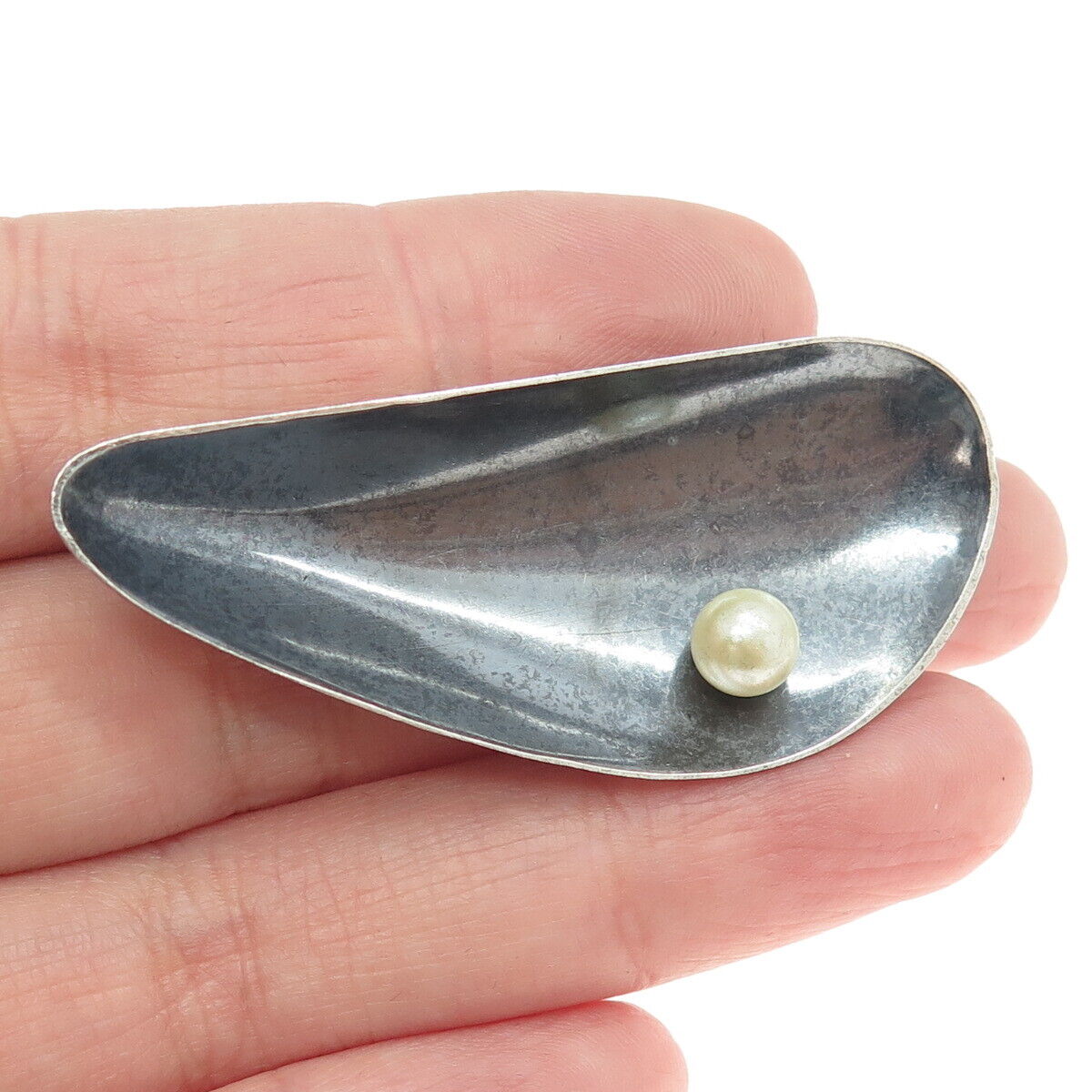BEAU 925 Sterling Silver Vintage Faux Pearl Modernist Pin Brooch