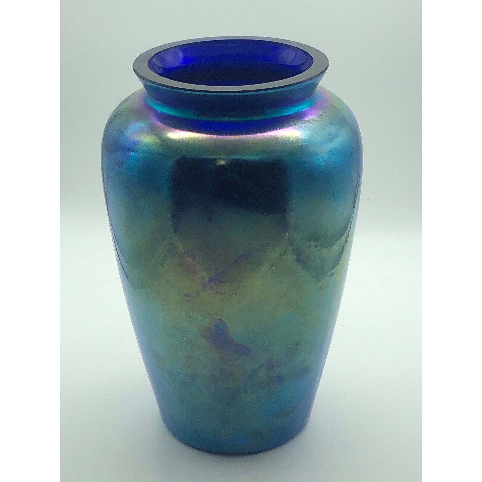 Vintage Fenton? Or Steuben Blue Iridescent Lustre Aurene Vase Etched