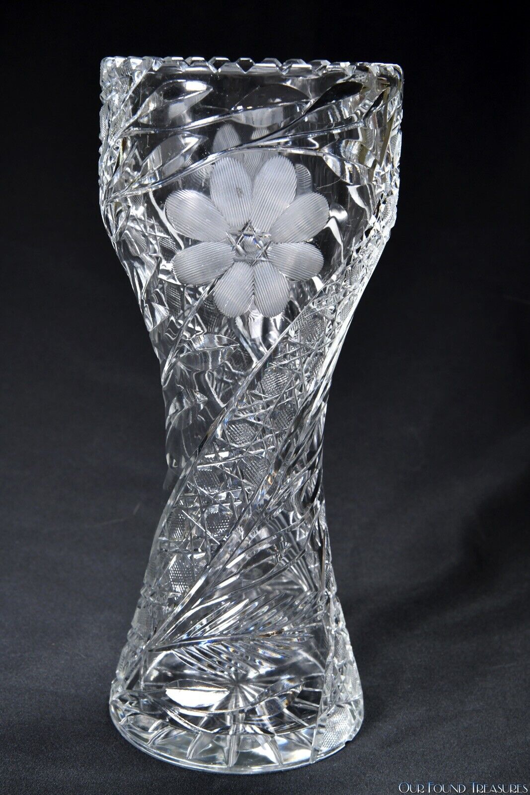 ABPG Period Corset Style Cut Glass Vase 10 1/8” H Floral & Geometric Design