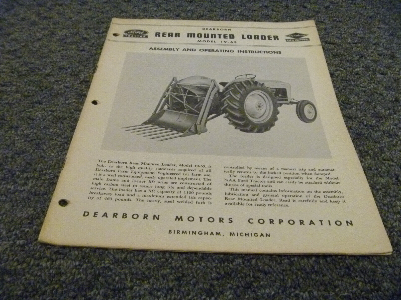 Ford Dearborn 19-65 Rear Mount Loader Assembly Owner Operator Manual User Guide