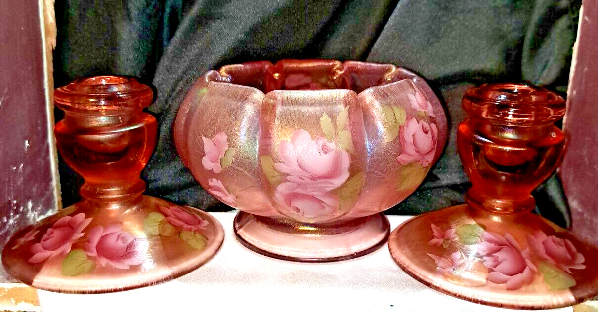Fenton Stretch Iridescent HP Country Roses On Melon Bowl & Candle Stick Holders
