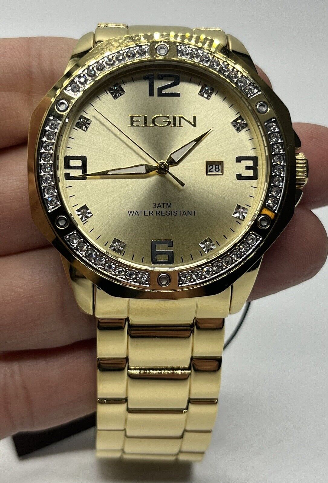 Elgin Men’s Crystal Accent Gold Tone Bracelet Watch FG180011 46MM