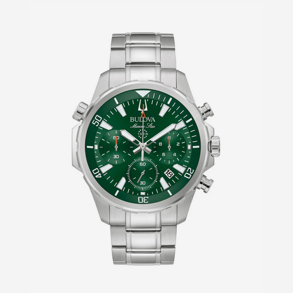Bulova Marine Star 96B396 Quartz Men's Wrist Watch green dial silver steel band