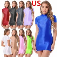 US Womens Glossy Oil Stretchy Bodycon Dress Mock Neck Mini Pencil Dress Clubwear picture