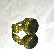 Antique Black Intaglio Bee Ring Bronze Egyptian Engraved Signet-Roman Style picture