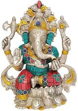 Antique Lord Ganesha Seated on Lotus Brass Statue with Inlay Work picture