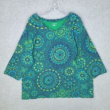 Catherines Top Womens 2x 22 24w V Neck 3/4 Sleeve Green Blue Blouse Pullover picture