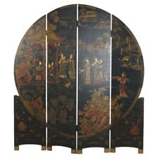 Antique Japanese Ebonized Chinoiserie Decorated Four-Panel Circular Screen C1920 picture