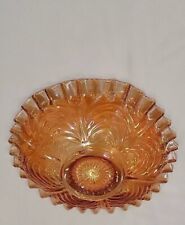 Vintage Peacock Tail Iridescent Marigold Carnival Glass Bowl Ruffled Edge Fenton picture