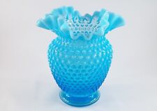 Vintage Fenton Hombre Blue Opalescent Hobnail Vase With Ruffled Rim, 6