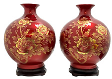 Porcelain Vase Twin Handmade Art Work Red Golden a Master Piece With Stands B picture