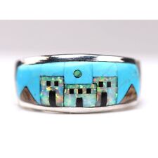 Southwestern Turquoise & Fire Opal Adobe Sterling Silver Inlay Ring - Pueblo picture