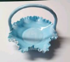 Vintage Fenton Glass Basket Blue Slag Hobnail Glass Crimped Ruffle 6.5
