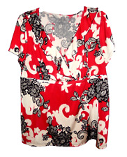 Lane Bryant Women's 14/16 Knit Blouse Top SS Floral Print Pullover Red & White picture
