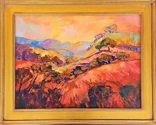 Landscape Sunset Original Oil Painting Fall Colorful Hills Fauvism in Gold Frame picture