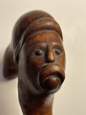 Antique Carved Mans Head w/Mustache & Nightcap Folk Art Wood Walking Stick 1800s picture