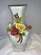 Italian Bassano Pottery Vase 3D Raised Flowers White Cream Multicolored Italy picture