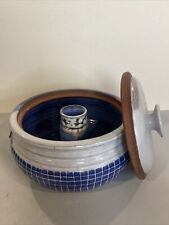 Vintage Steamer Stoneware Pottery Vegetable Steamer Rice Cooker Blue Checker picture