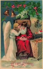 Santa Claus with Whispering Angel~Holly~Antique Embossed Christmas Postcard~h827 picture