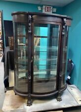 Antique Curved Glass Curio Cabinet, Hand Carved Claw Feet, Mirrored Back + Light picture