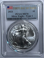 2021 American Silver Eagle Type 1 MS 70 PCGS, First Day of Issue, US Flag Label picture